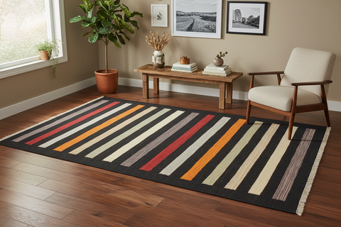 handmade Modern Kilim Black Red Hand-Woven RECTANGLE 100% WOOL area rug 3x5