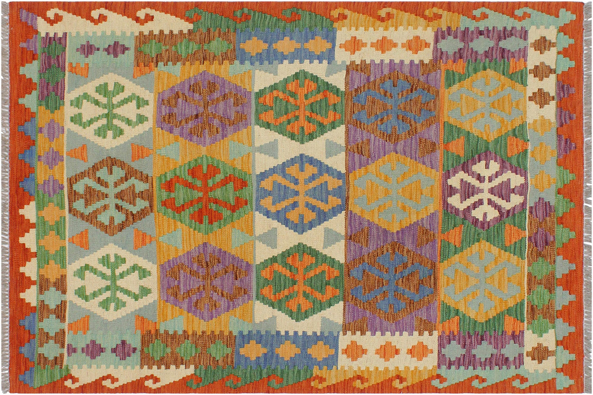 handmade Geometric Kilim Blue Rust Hand-Woven RECTANGLE 100% WOOL area rug 3 x 5