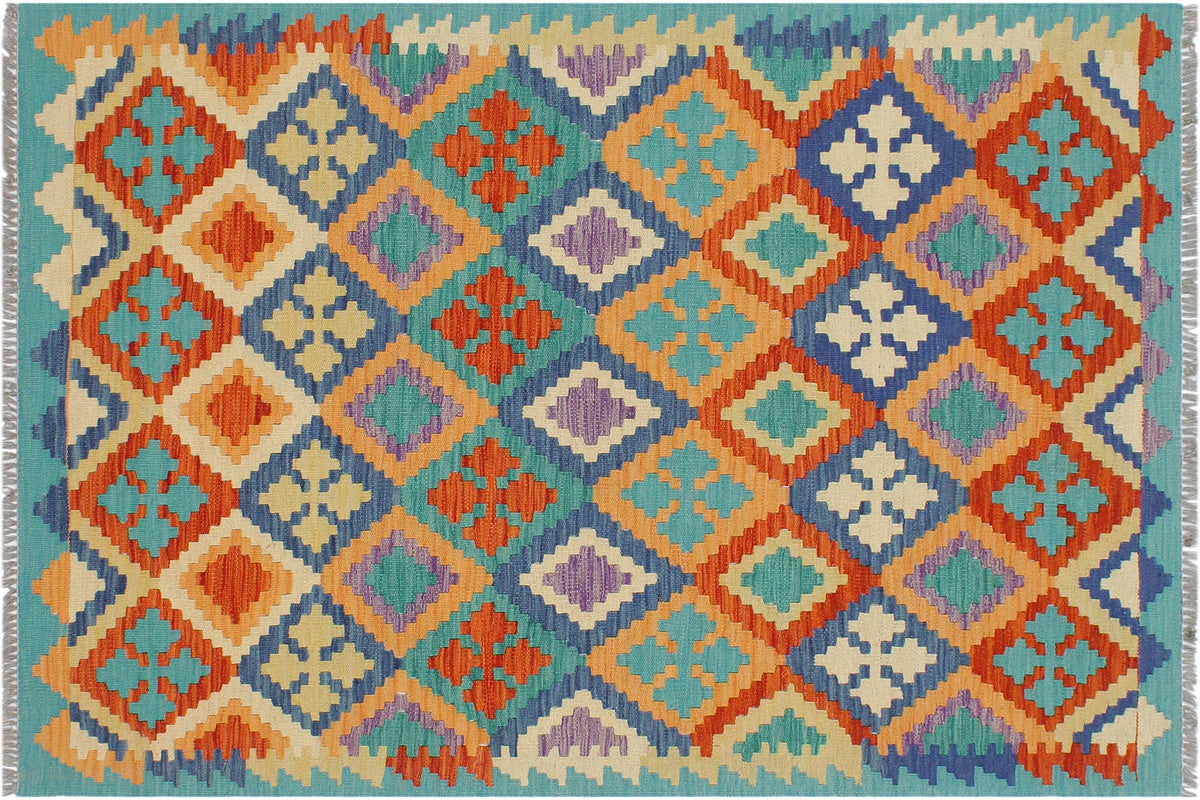 handmade Geometric Kilim Rust Blue Hand-Woven RECTANGLE 100% WOOL area rug 3 x 5