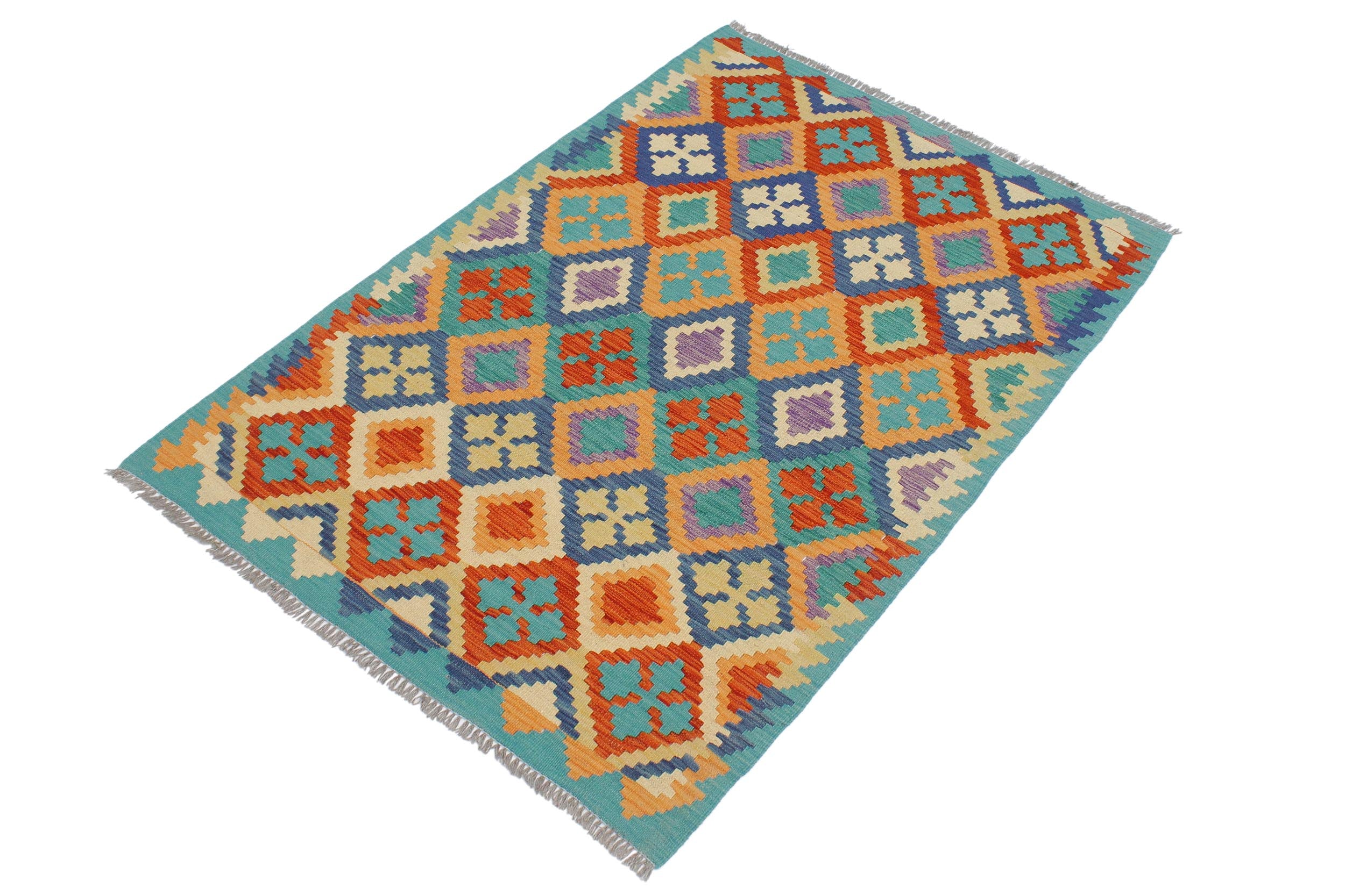 handmade Geometric Kilim Rust Blue Hand-Woven RECTANGLE 100% WOOL area rug 3 x 5