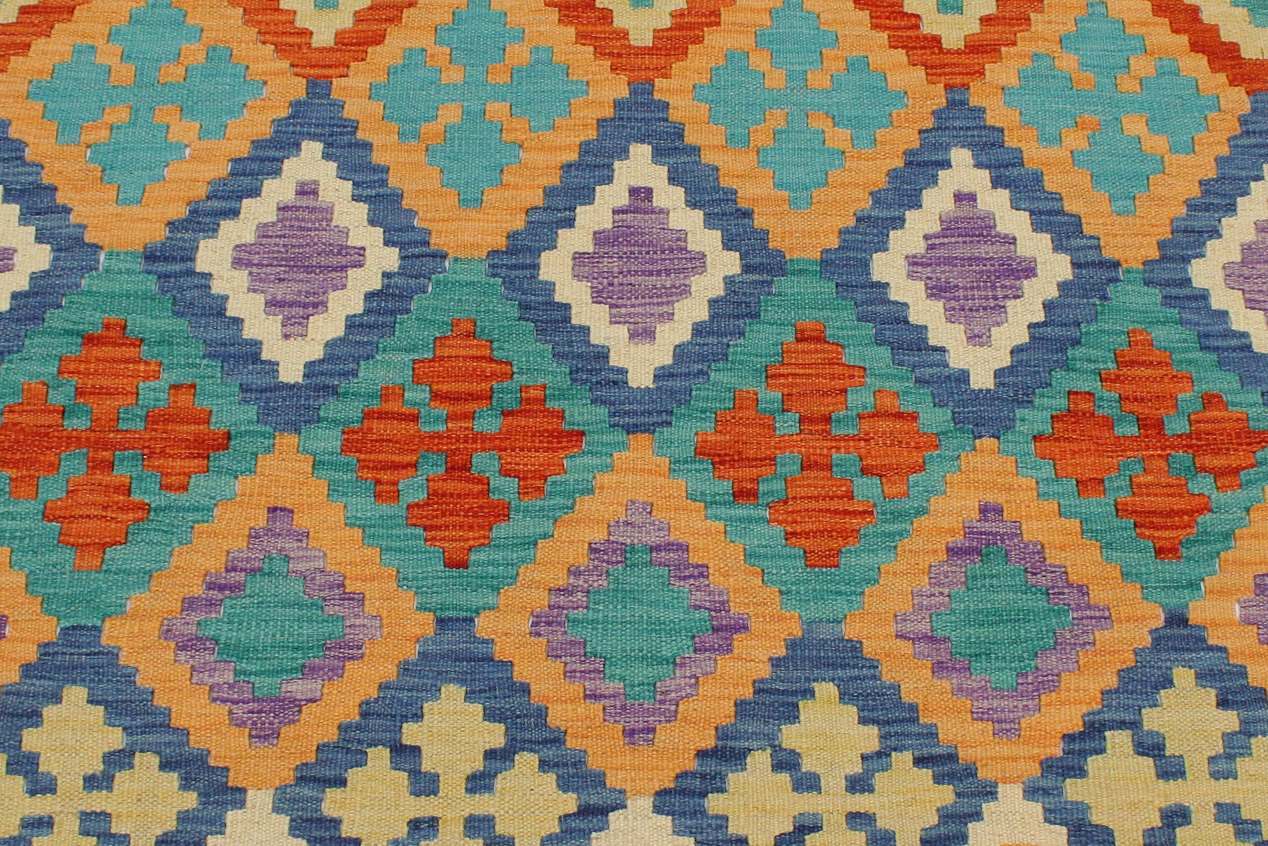handmade Geometric Kilim Rust Blue Hand-Woven RECTANGLE 100% WOOL area rug 3 x 5