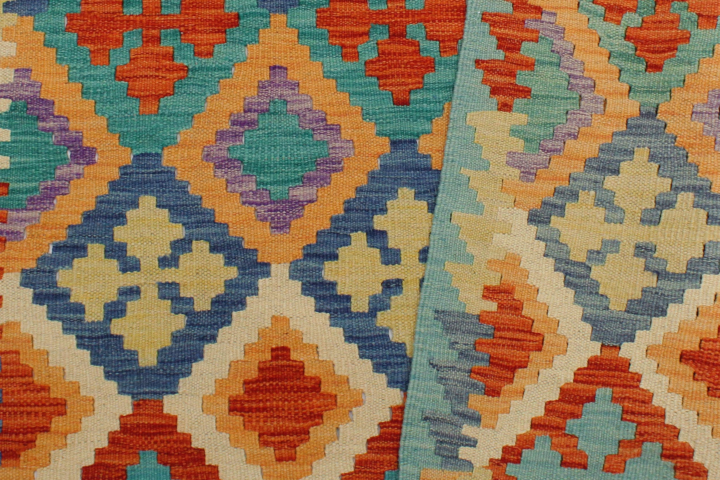 handmade Geometric Kilim Rust Blue Hand-Woven RECTANGLE 100% WOOL area rug 3 x 5