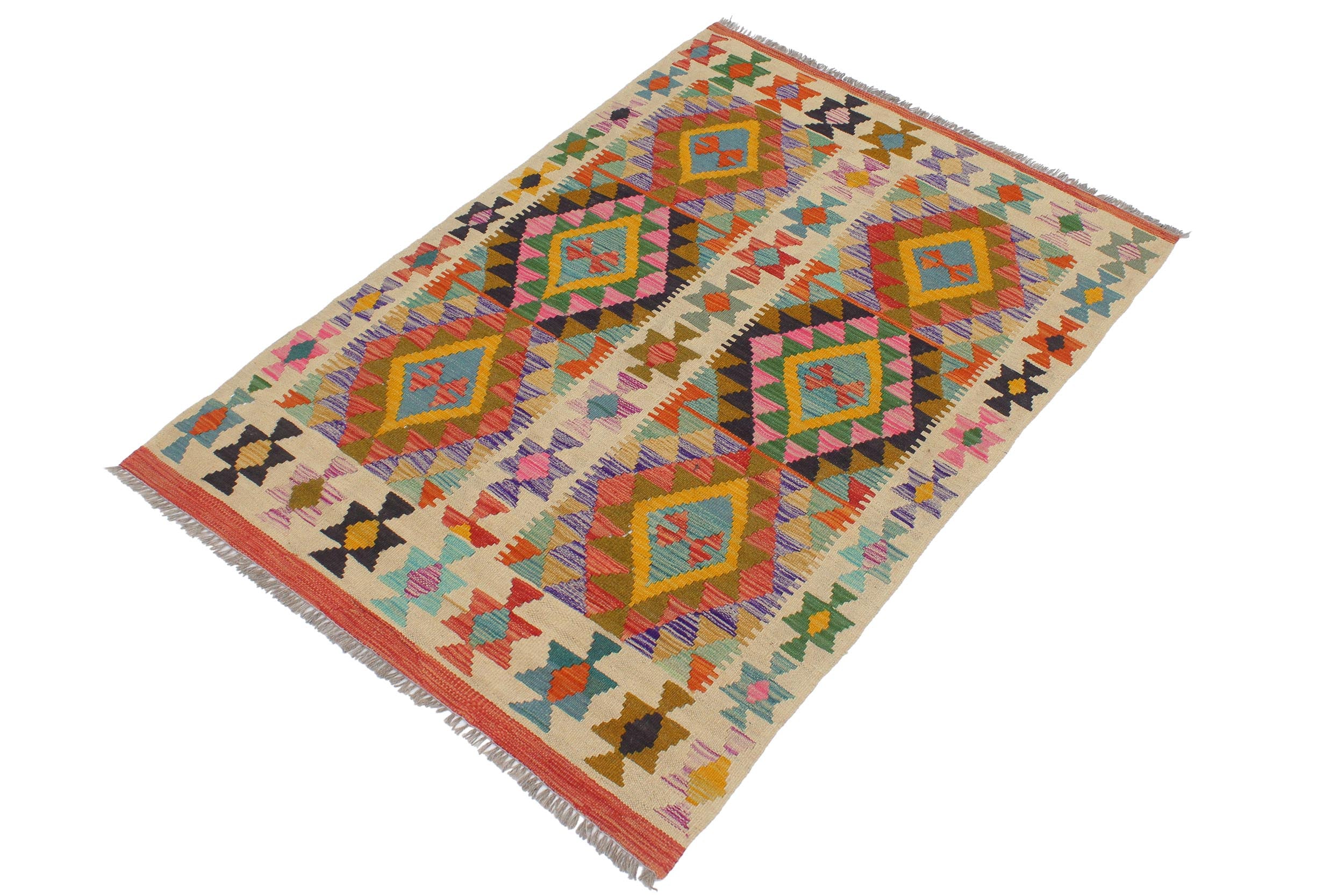 handmade Geometric Kilim Beige Gold Hand-Woven RECTANGLE 100% WOOL area rug 3 x 5
