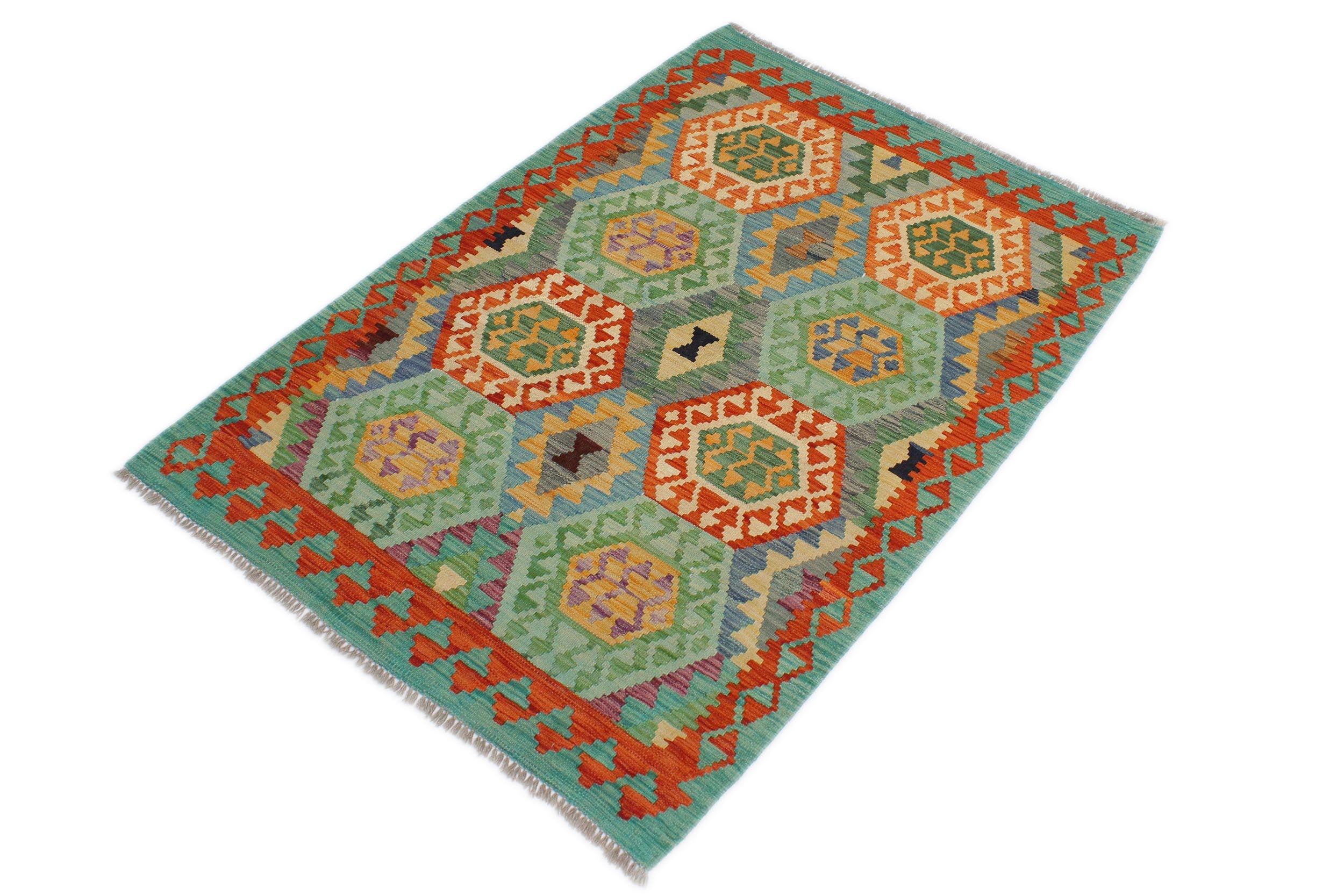 handmade Geometric Kilim Rust Green Hand-Woven RECTANGLE 100% WOOL area rug 3 x 5