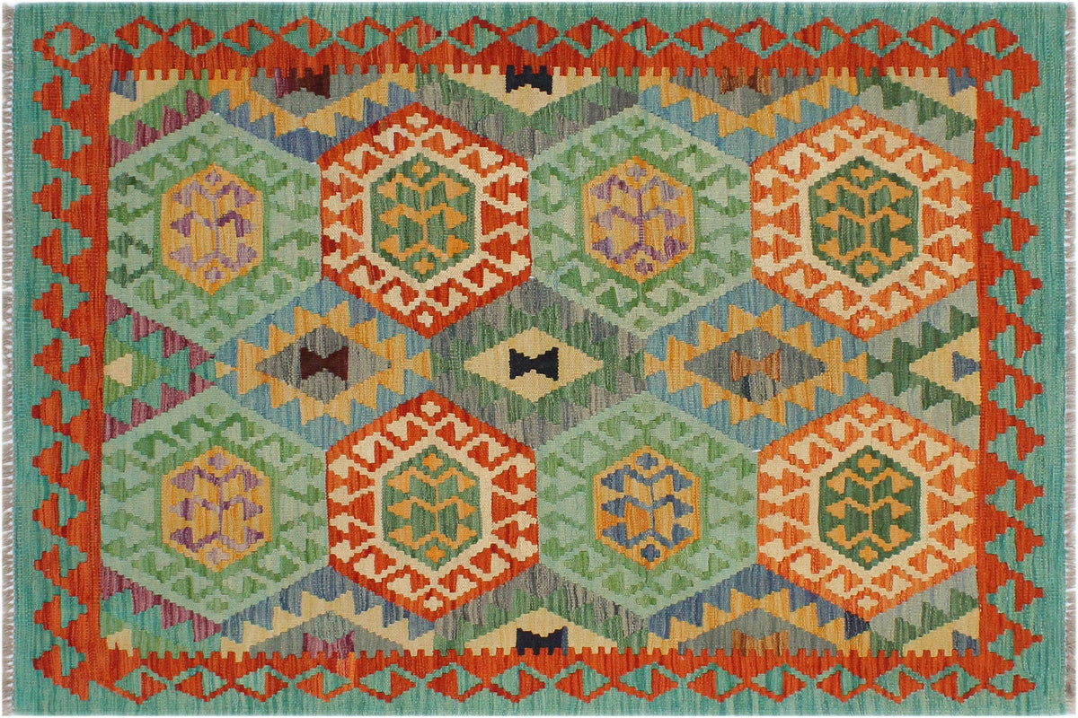 handmade Geometric Kilim Rust Green Hand-Woven RECTANGLE 100% WOOL area rug 3 x 5