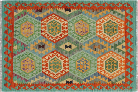 handmade Geometric Kilim Rust Green Hand-Woven RECTANGLE 100% WOOL area rug 3 x 5