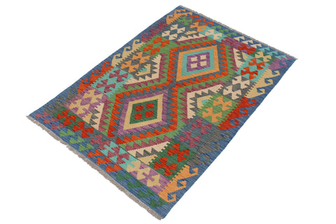 handmade Geometric Kilim Rust Blue Hand-Woven RECTANGLE 100% WOOL area rug 3' x 5'