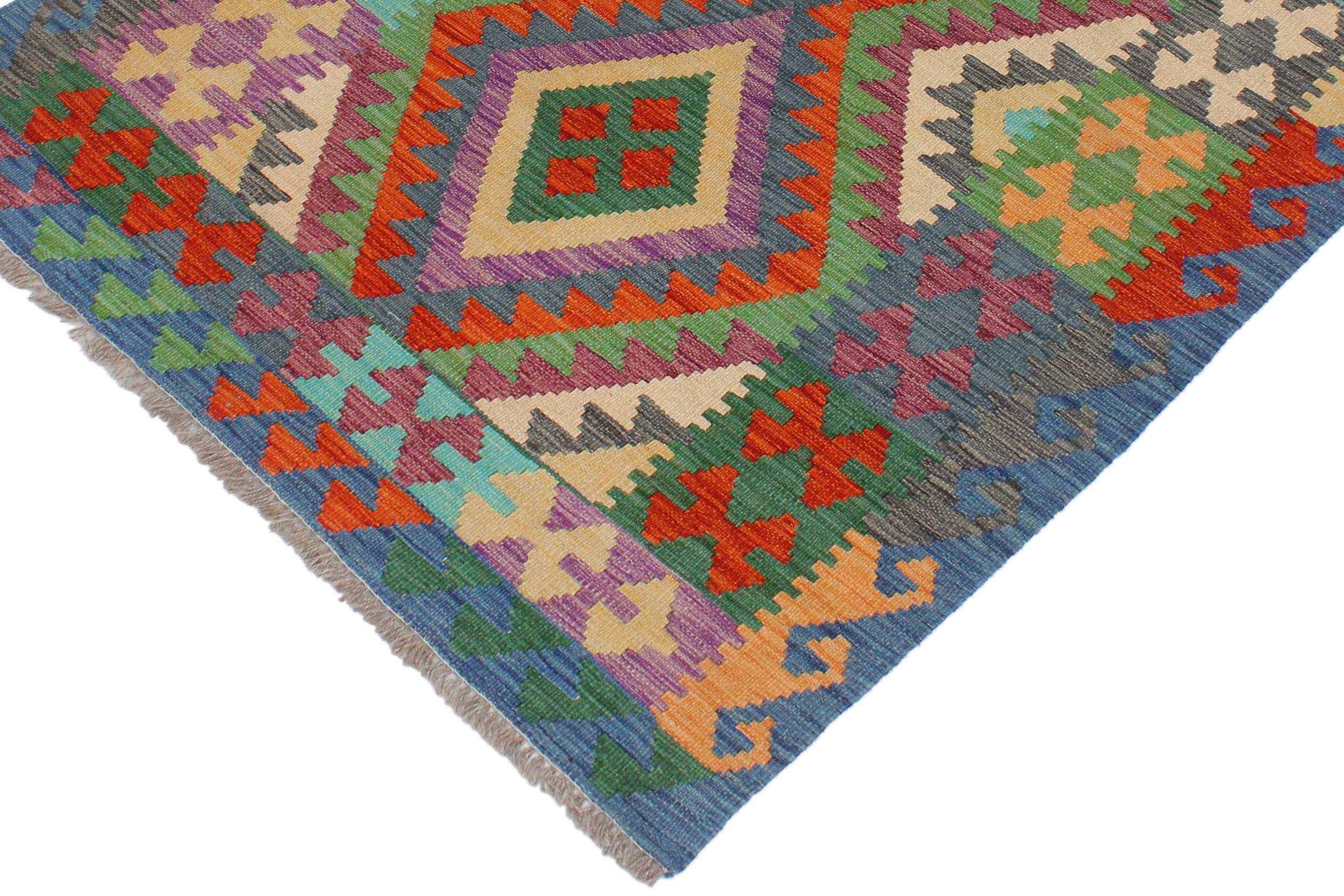 handmade Geometric Kilim Rust Blue Hand-Woven RECTANGLE 100% WOOL area rug 3' x 5'