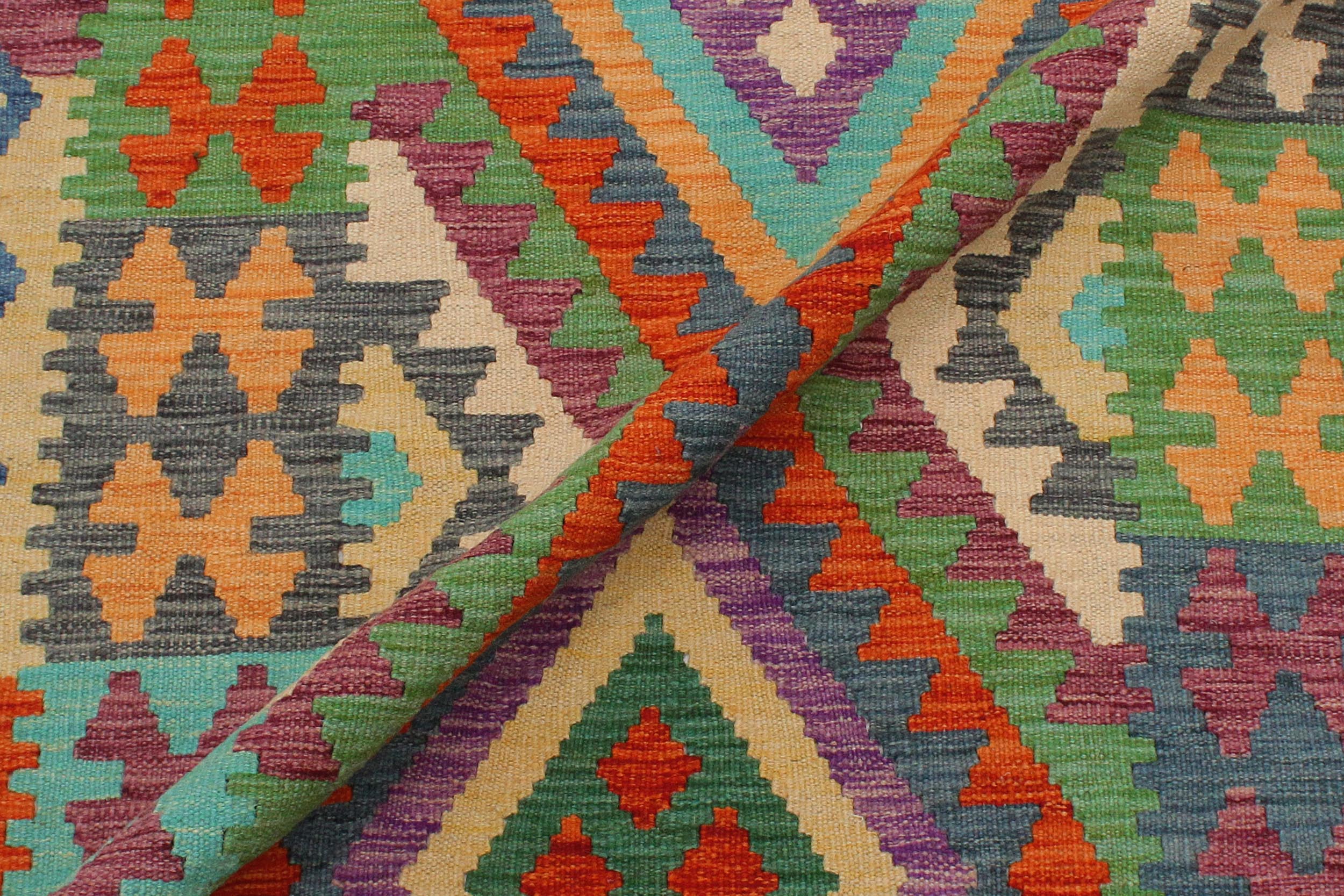 handmade Geometric Kilim Rust Blue Hand-Woven RECTANGLE 100% WOOL area rug 3' x 5'