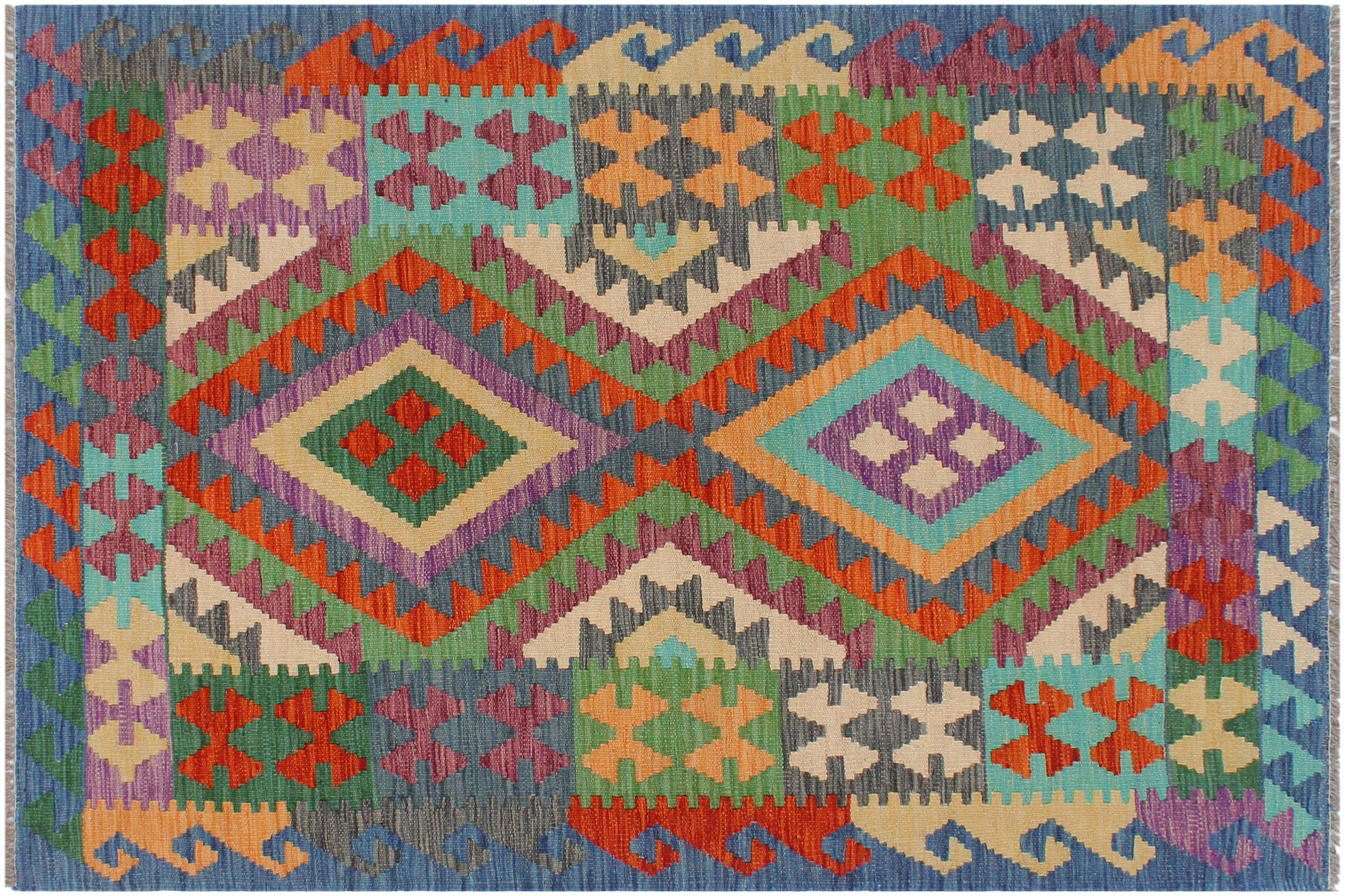 handmade Geometric Kilim Rust Blue Hand-Woven RECTANGLE 100% WOOL area rug 3' x 5'