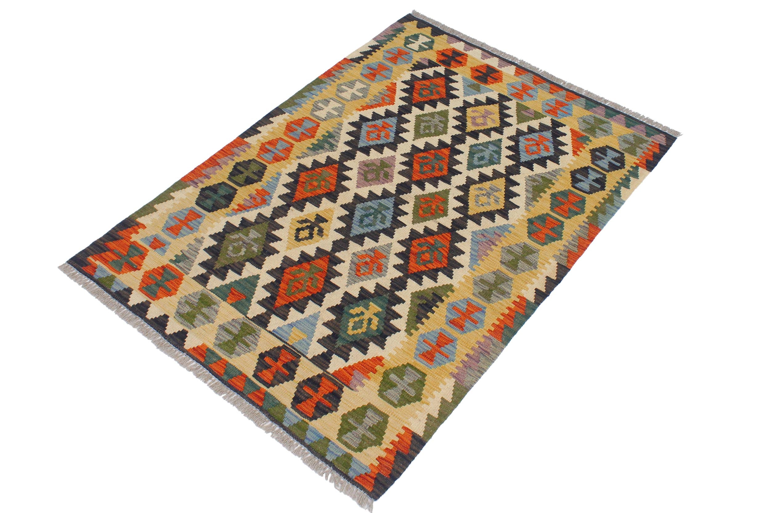 handmade Geometric Kilim Blue Gold Hand-Woven RECTANGLE 100% WOOL area rug 3 x 5