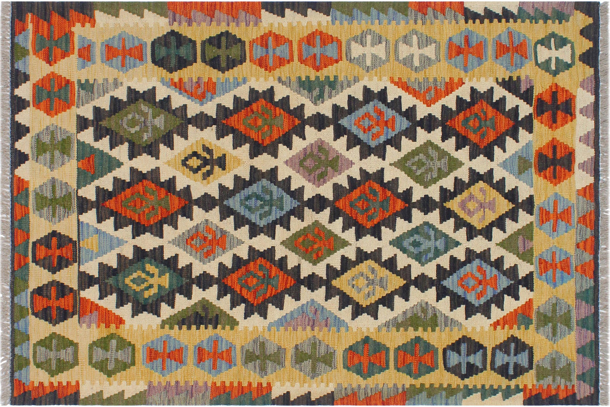 handmade Geometric Kilim Blue Gold Hand-Woven RECTANGLE 100% WOOL area rug 3 x 5