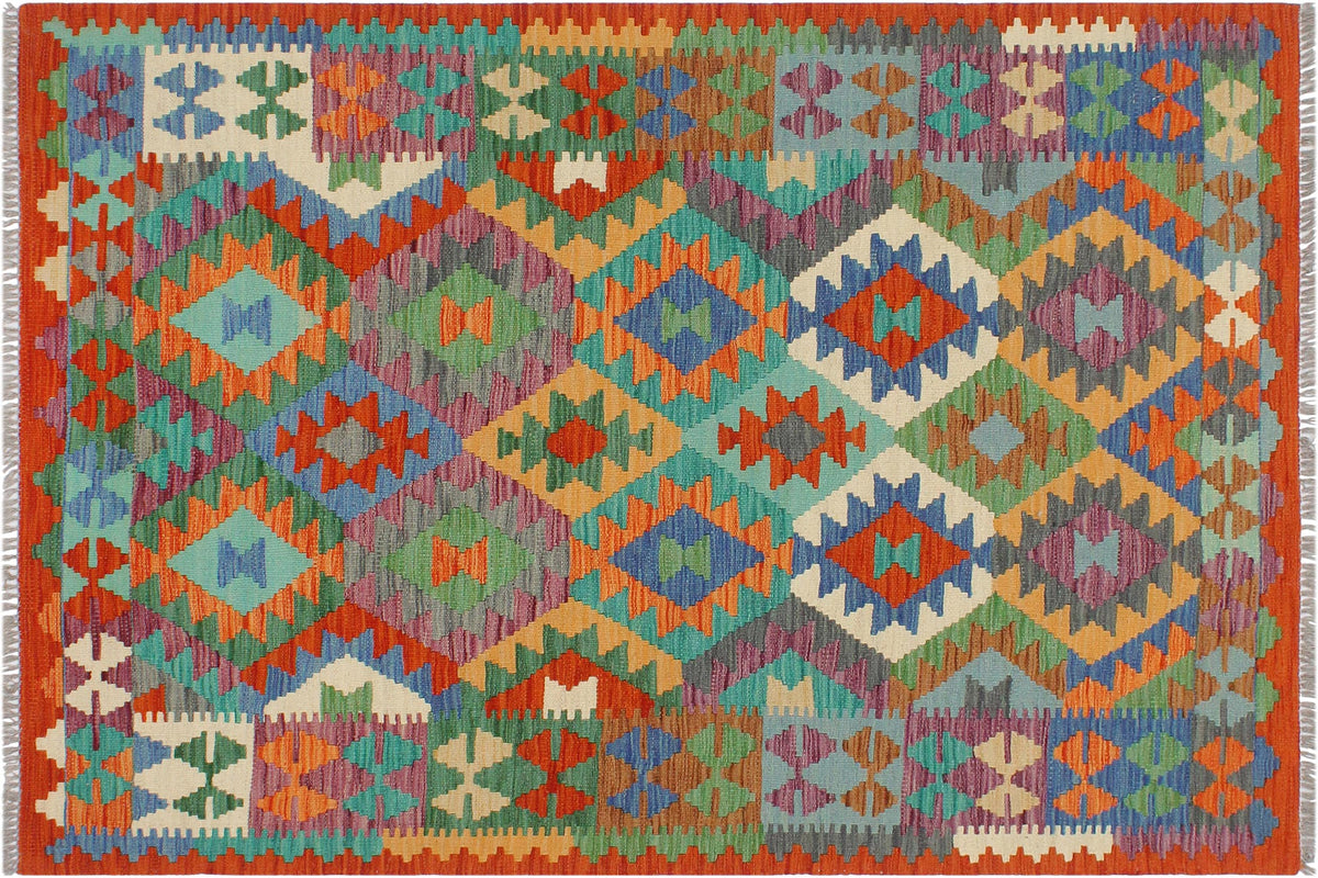 handmade Geometric Kilim Blue Rust Hand-Woven RECTANGLE 100% WOOL area rug 3 x 5