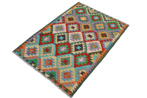 handmade Geometric Kilim Rust Green Hand-Woven RECTANGLE 100% WOOL area rug 4 x 6