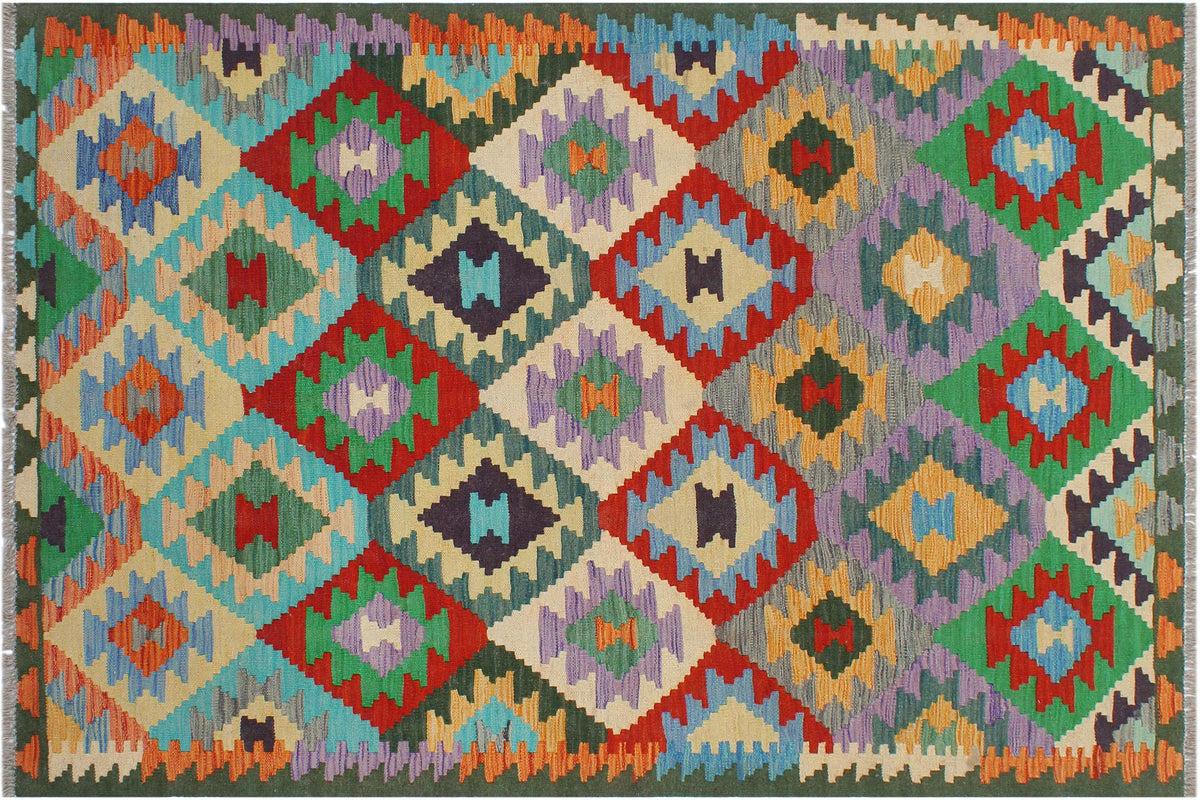 handmade Geometric Kilim Rust Green Hand-Woven RECTANGLE 100% WOOL area rug 4 x 6
