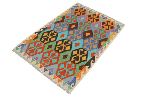 handmade Geometric Kilim Blue Beige Hand-Woven RECTANGLE 100% WOOL area rug 3 x 5