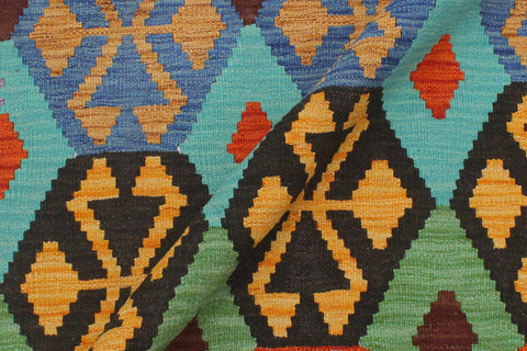 handmade Geometric Kilim Blue Beige Hand-Woven RECTANGLE 100% WOOL area rug 3 x 5