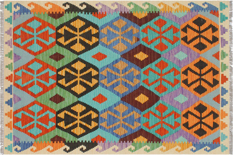 handmade Geometric Kilim Blue Beige Hand-Woven RECTANGLE 100% WOOL area rug 3 x 5