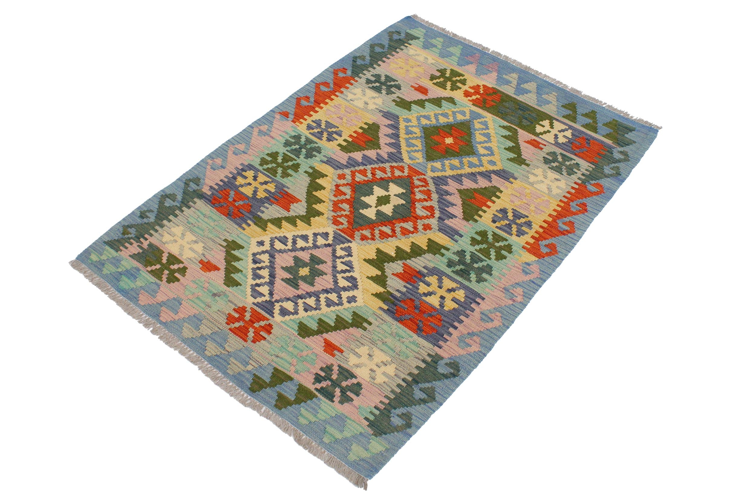 handmade Geometric Kilim Rust Blue Hand-Woven RECTANGLE 100% WOOL area rug 3' x 5'