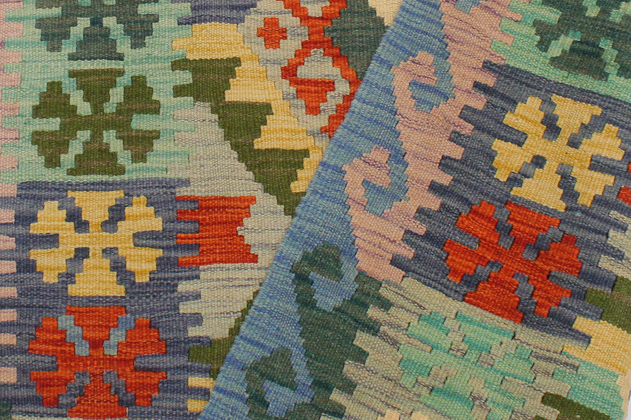 handmade Geometric Kilim Rust Blue Hand-Woven RECTANGLE 100% WOOL area rug 3' x 5'