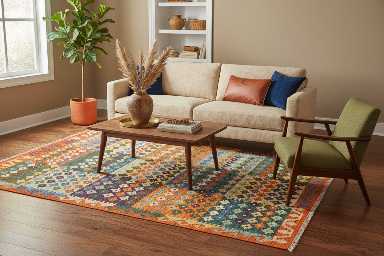 handmade Modern Kilim Beige Rust Hand-Woven RECTANGLE 100% WOOL area rug 4x6