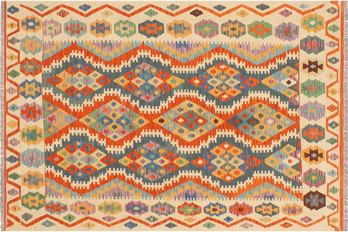 handmade Geometric Kilim Rust Beige Hand-Woven RECTANGLE 100% WOOL area rug 4 x 6
