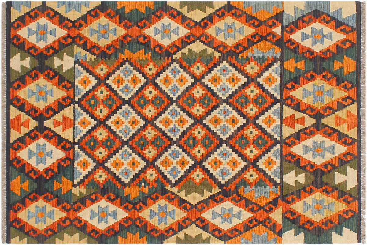 handmade Geometric Kilim Blue Rust Hand-Woven RECTANGLE 100% WOOL area rug 4 x 5