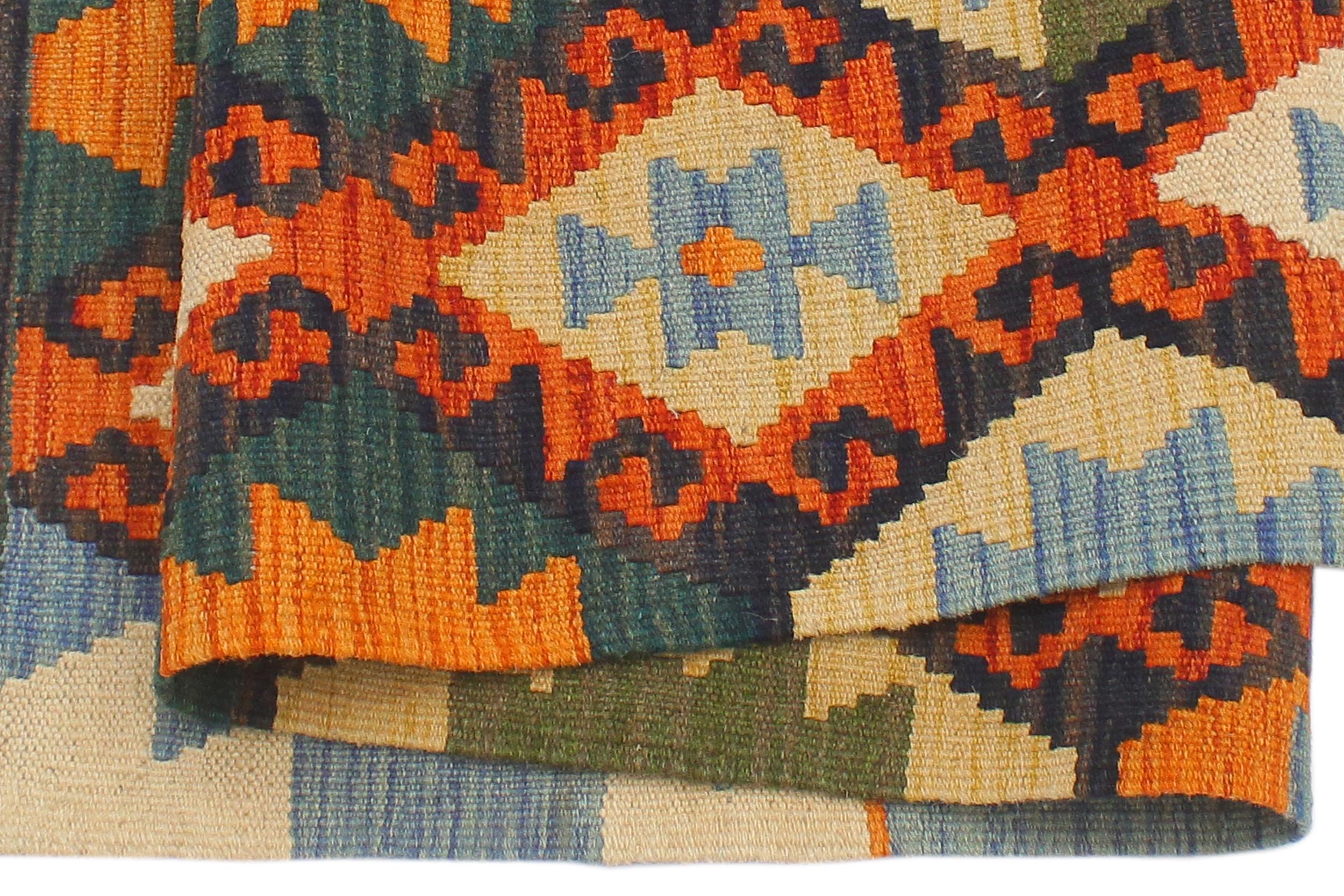 handmade Geometric Kilim Blue Rust Hand-Woven RECTANGLE 100% WOOL area rug 4 x 5