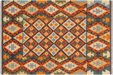 handmade Geometric Kilim Blue Rust Hand-Woven RECTANGLE 100% WOOL area rug 4 x 5