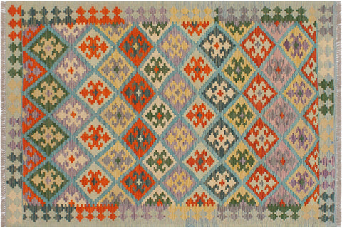 handmade Geometric Kilim Blue Rust Hand-Woven RECTANGLE 100% WOOL area rug 4 x 6