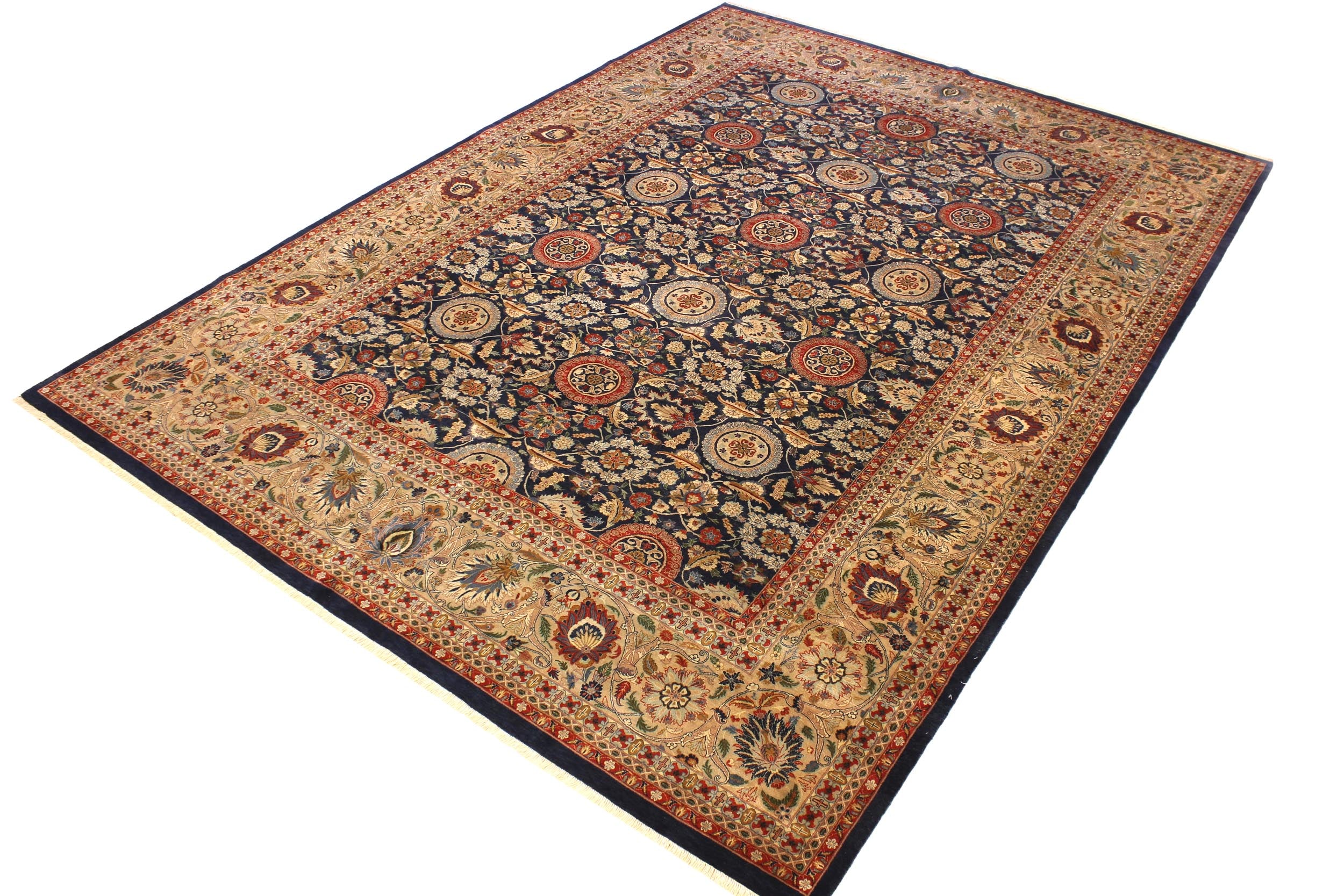 handmade Transitional Agra Tabriz Blue Tan Hand Knotted RECTANGLE 100% WOOL area rug 10 x 14