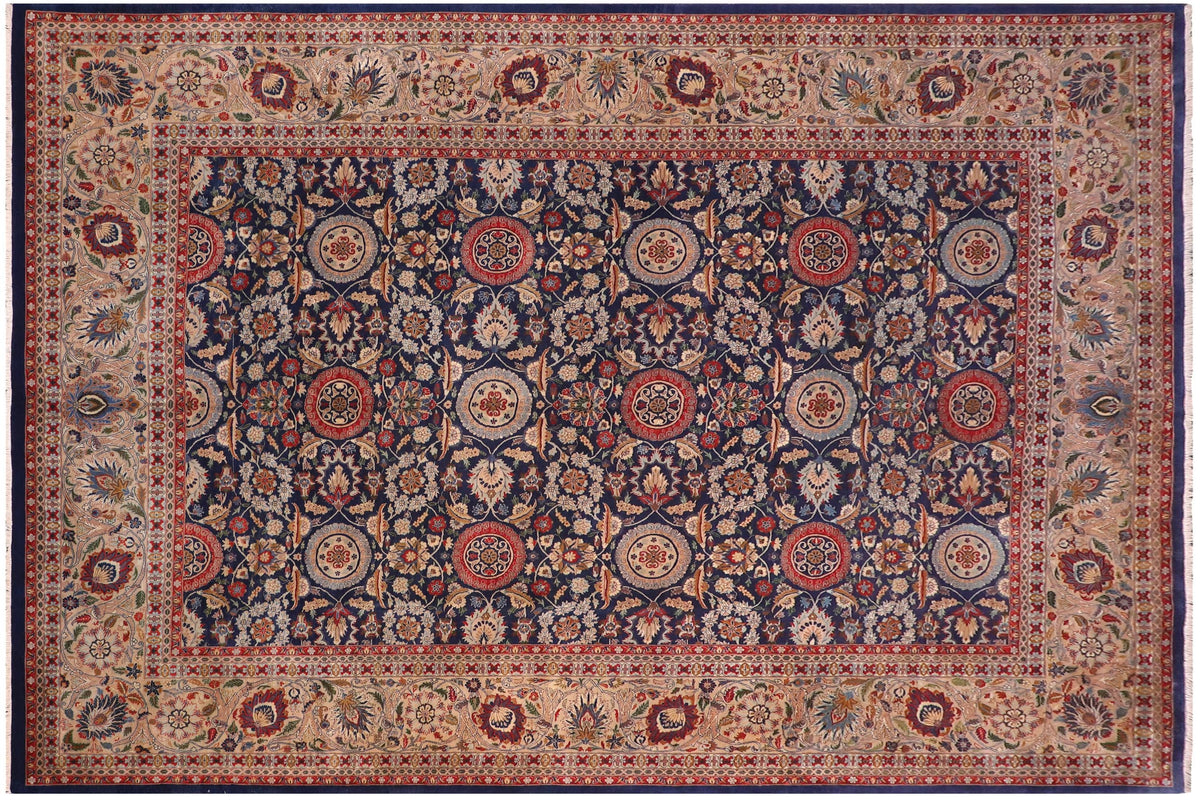 handmade Transitional Agra Tabriz Blue Tan Hand Knotted RECTANGLE 100% WOOL area rug 10x14