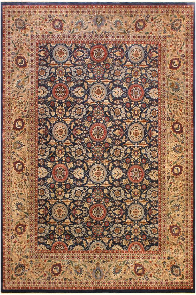 Traditional Agra Tabriz Johanna Blue Tan Hand Knotted Area rugs 10X14