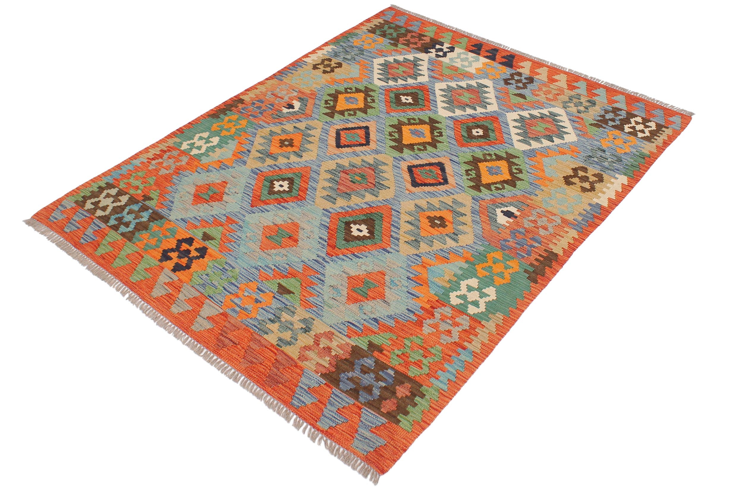 handmade Geometric Kilim Blue Rust Hand-Woven RECTANGLE 100% WOOL area rug 4 x 6