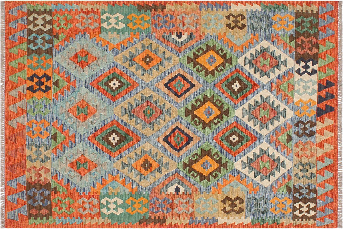 handmade Geometric Kilim Blue Rust Hand-Woven RECTANGLE 100% WOOL area rug 4 x 6