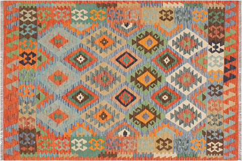 handmade Geometric Kilim Blue Rust Hand-Woven RECTANGLE 100% WOOL area rug 4 x 6