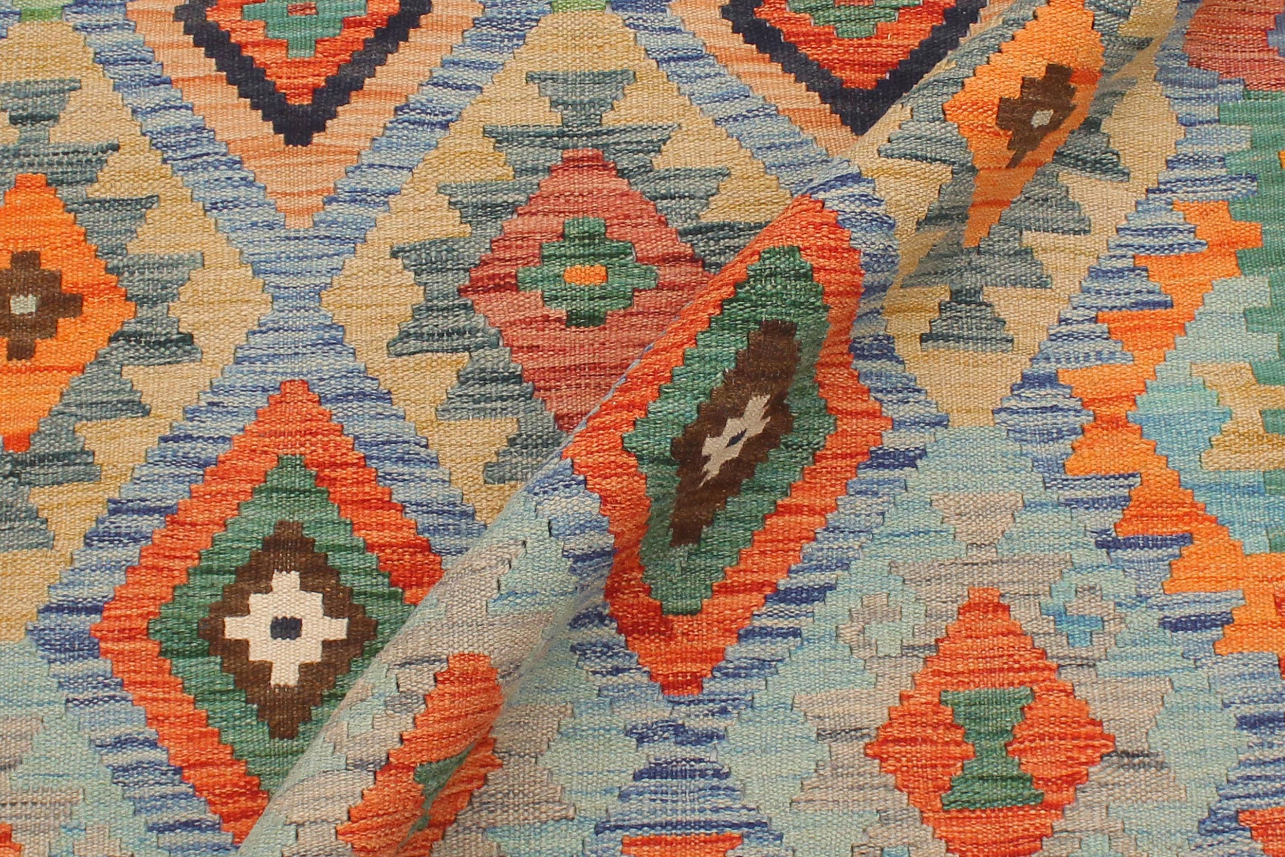 handmade Geometric Kilim Blue Rust Hand-Woven RECTANGLE 100% WOOL area rug 4 x 6