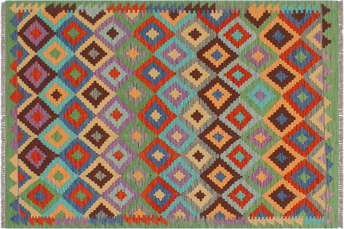 handmade Geometric Kilim Blue Green Hand-Woven RECTANGLE 100% WOOL area rug 4 x 6