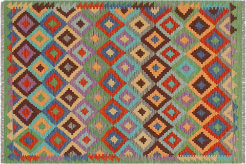 handmade Geometric Kilim Blue Green Hand-Woven RECTANGLE 100% WOOL area rug 4 x 6