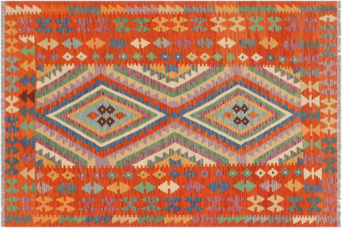 handmade Geometric Kilim Blue Rust Hand-Woven RECTANGLE 100% WOOL area rug 4' x 6'