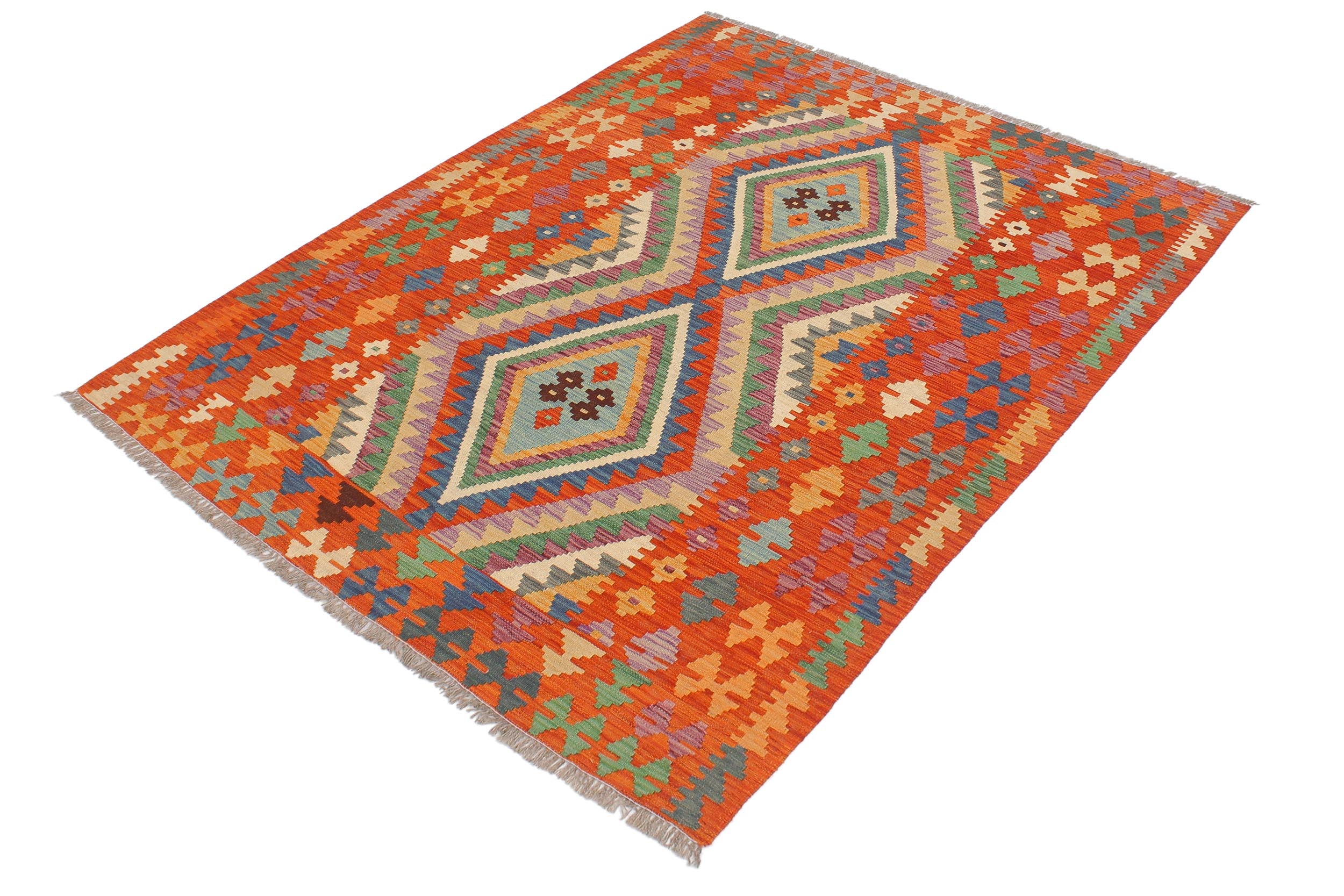 handmade Geometric Kilim Blue Rust Hand-Woven RECTANGLE 100% WOOL area rug 4' x 6'