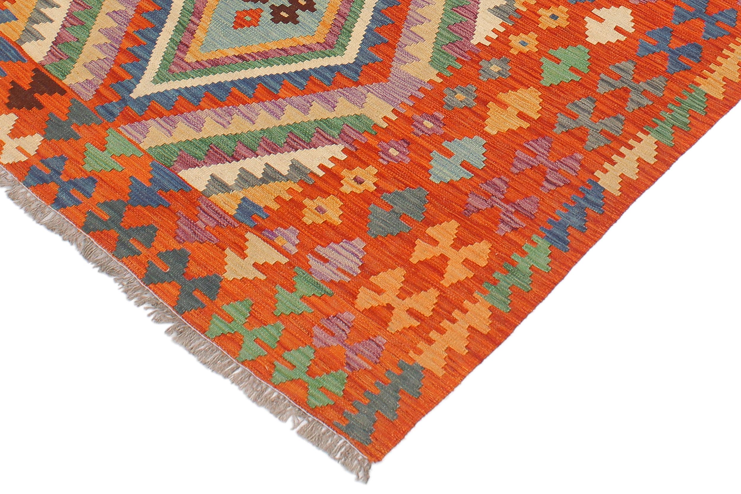 handmade Geometric Kilim Blue Rust Hand-Woven RECTANGLE 100% WOOL area rug 4' x 6'