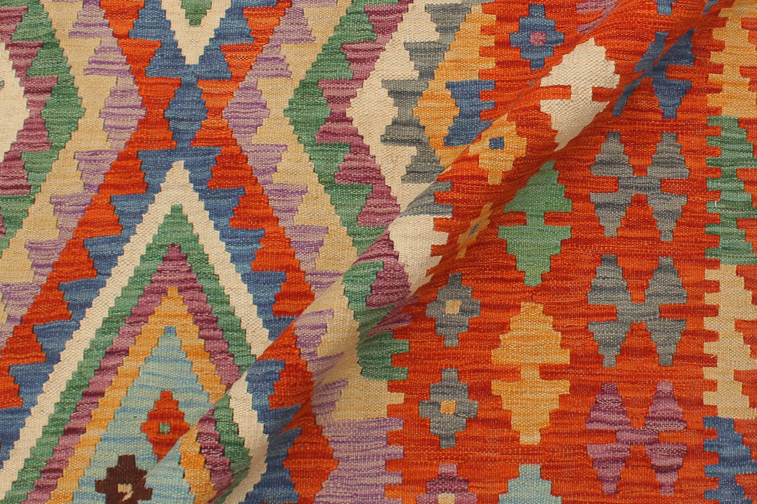 handmade Geometric Kilim Blue Rust Hand-Woven RECTANGLE 100% WOOL area rug 4' x 6'