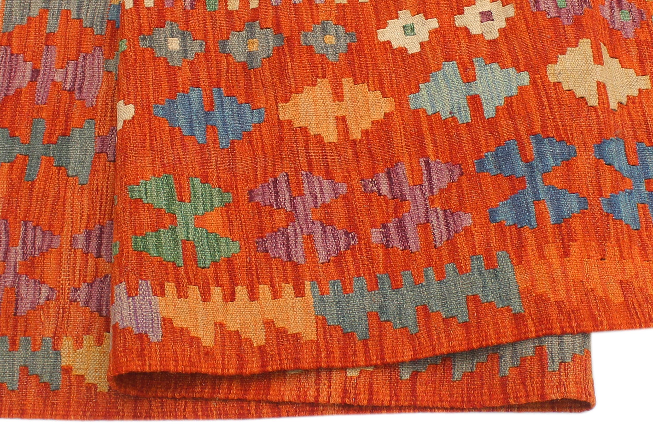 handmade Geometric Kilim Blue Rust Hand-Woven RECTANGLE 100% WOOL area rug 4' x 6'
