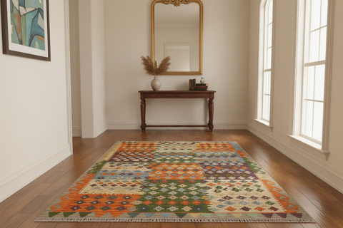 handmade Modern Kilim Blue Gray Hand-Woven RECTANGLE 100% WOOL area rug 4x6