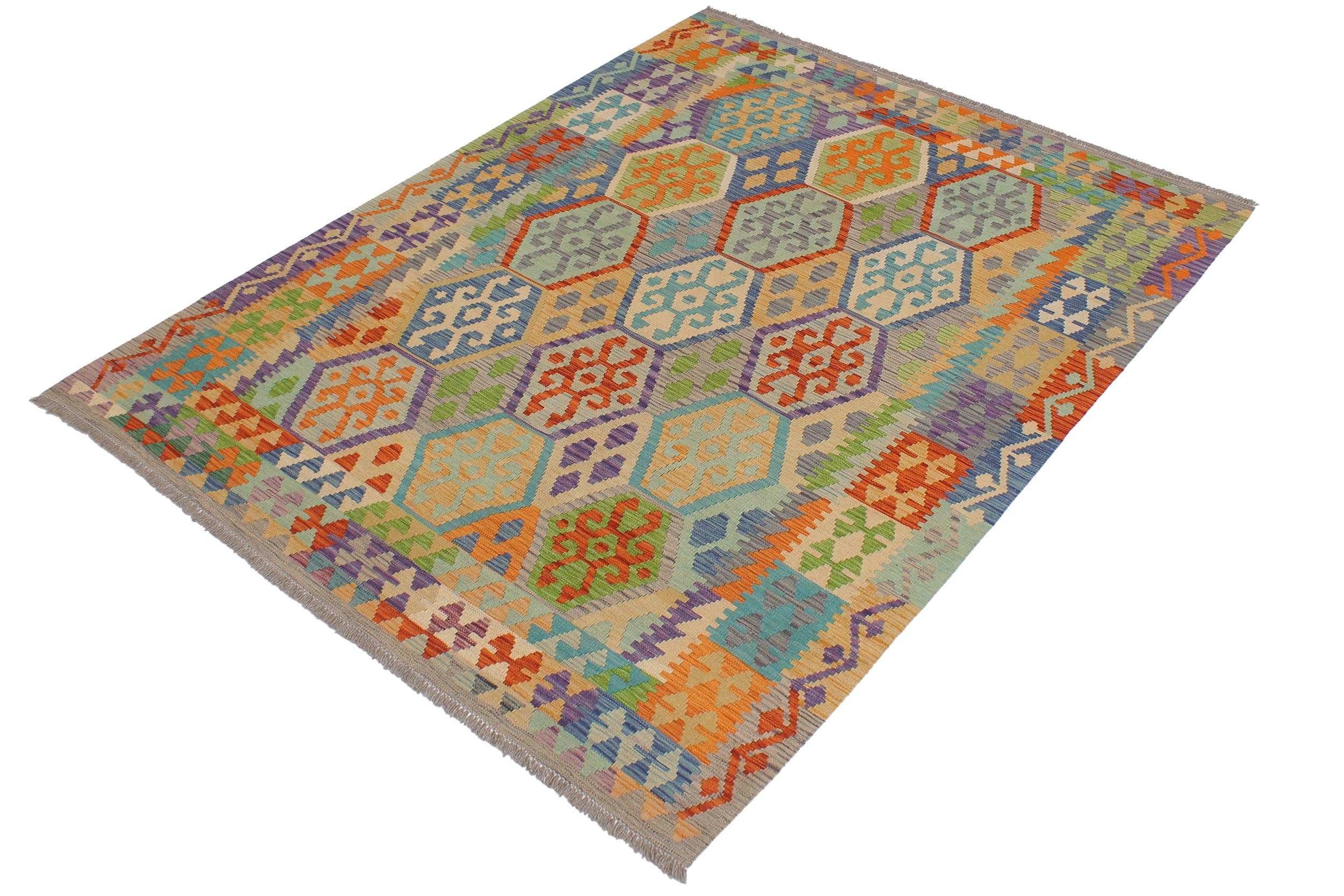 handmade Geometric Kilim Blue Gray Hand-Woven RECTANGLE 100% WOOL area rug 5 x 7