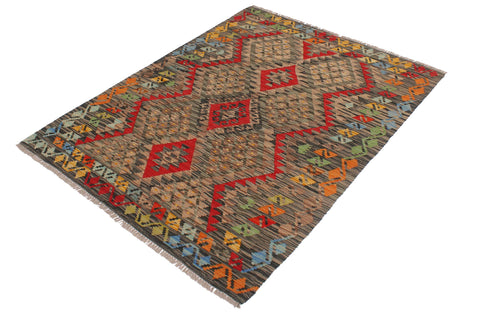 handmade Geometric Kilim Red Green Hand-Woven RECTANGLE 100% WOOL area rug 4' x 6'