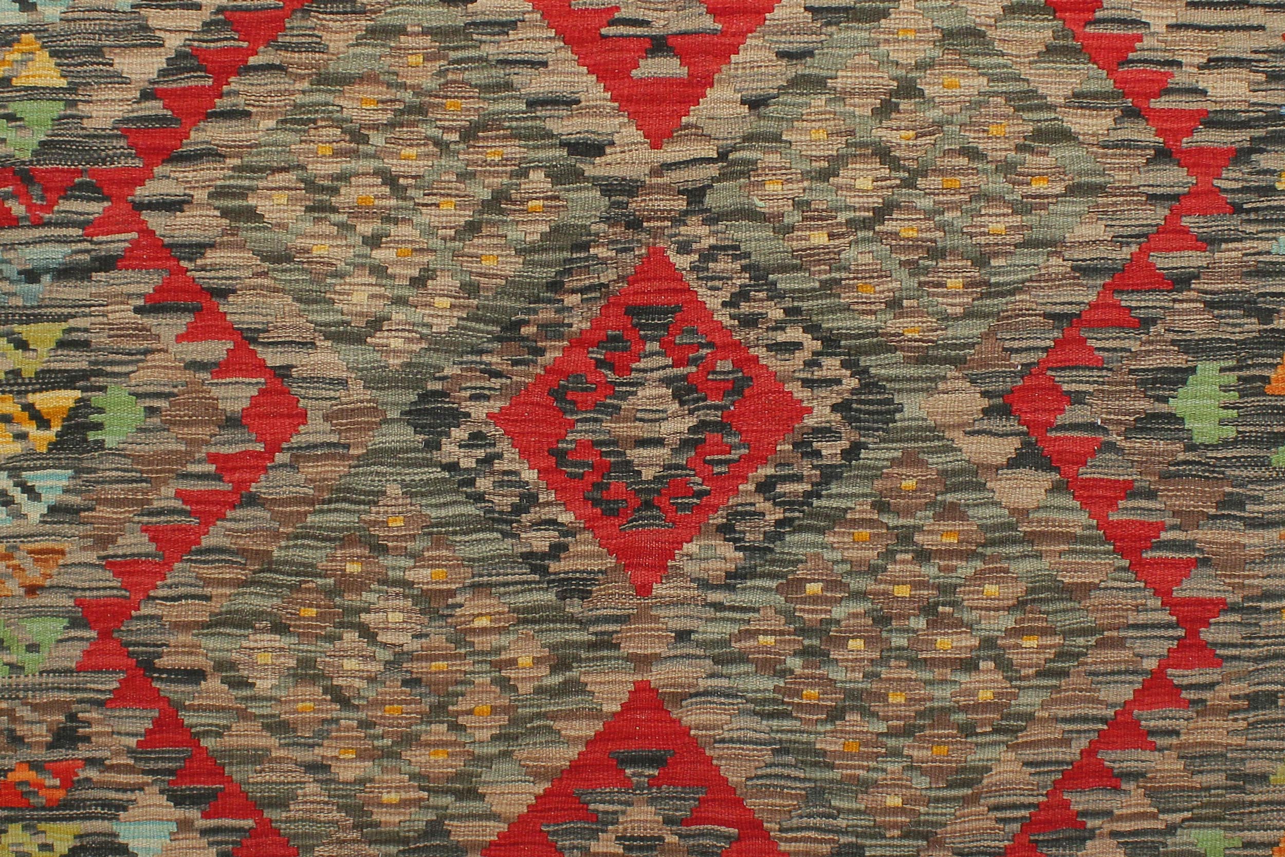 handmade Geometric Kilim Red Green Hand-Woven RECTANGLE 100% WOOL area rug 4' x 6'