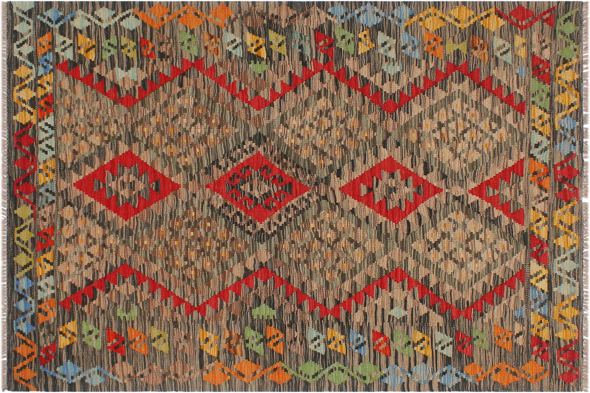 handmade Geometric Kilim Red Green Hand-Woven RECTANGLE 100% WOOL area rug 4' x 6'