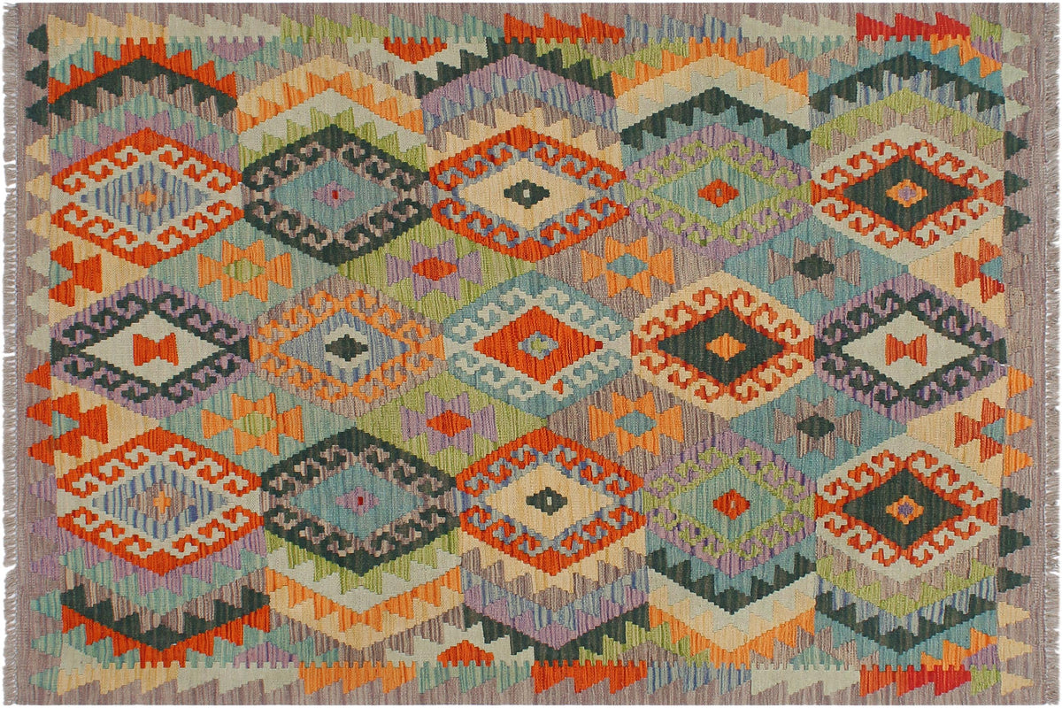 handmade Geometric Kilim Rust Purple Hand-Woven RECTANGLE 100% WOOL area rug 4 x 5